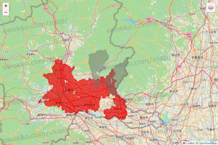 群馬県のBeisia（ベイシア）ネットスーパーのエリア地図