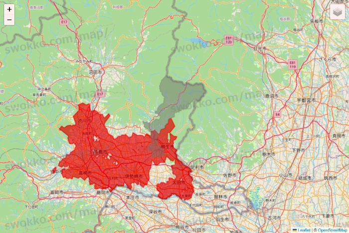 群馬県のBeisia（ベイシア）ネットスーパーのエリア地図