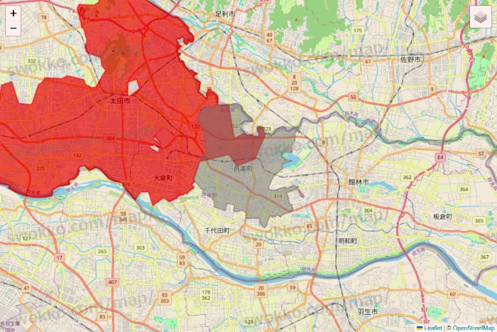 群馬県のBeisia（ベイシア）ネットスーパーのエリア地図