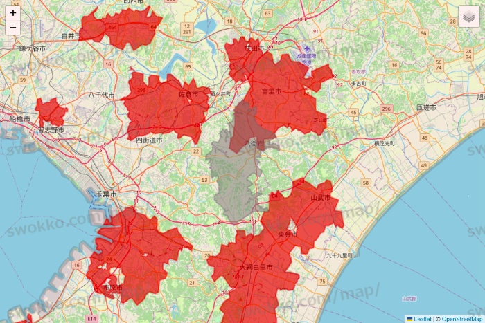 八街市のBeisia（ベイシア）ネットスーパーのエリア地図
