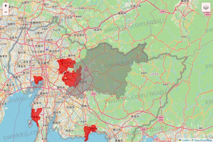 愛知県のBeisia（ベイシア）ネットスーパーのエリア地図