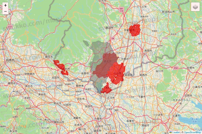 栃木県のBeisia（ベイシア）ネットスーパーのエリア地図