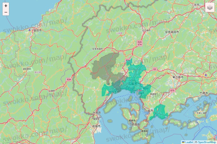 広島県のフジネットスーパー「おまかせくん」のエリア地図