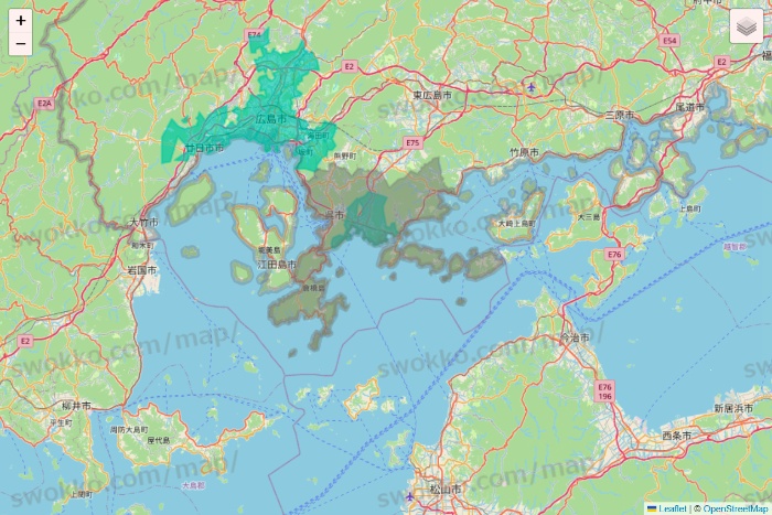 広島県のフジネットスーパー「おまかせくん」のエリア地図