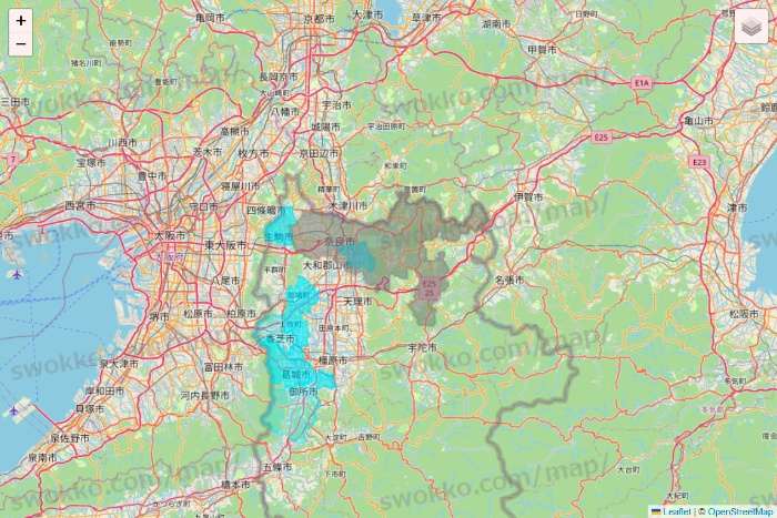 奈良県の万代ネット宅配サービスのエリア地図