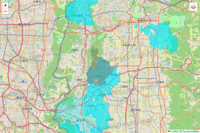 奈良県の万代ネット宅配サービスのエリア地図