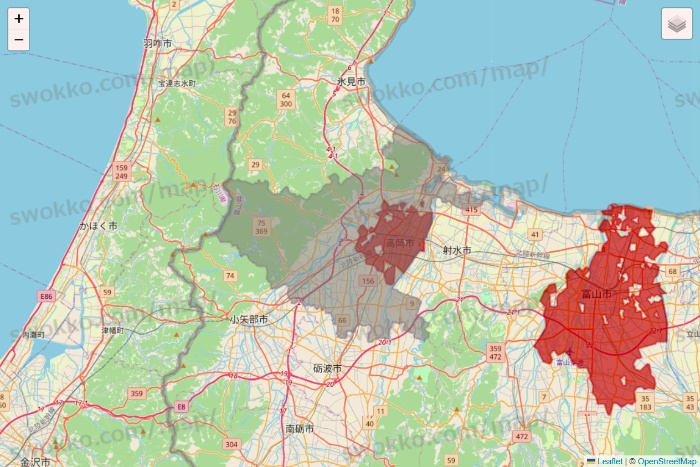 富山県の大阪屋ショップネットスーパーのエリア地図