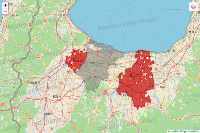 富山県の大阪屋ショップネットスーパーのエリア地図