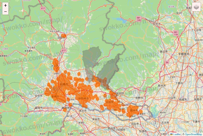 群馬県の7NOW（セブンナウ）のエリア地図