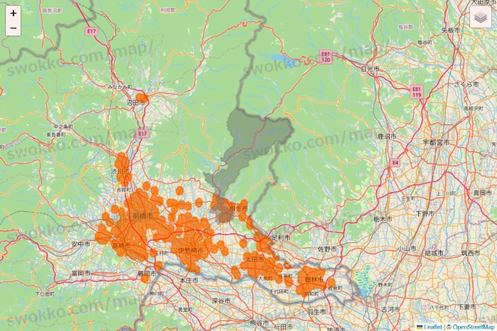 群馬県の7NOW（セブンナウ）のエリア地図