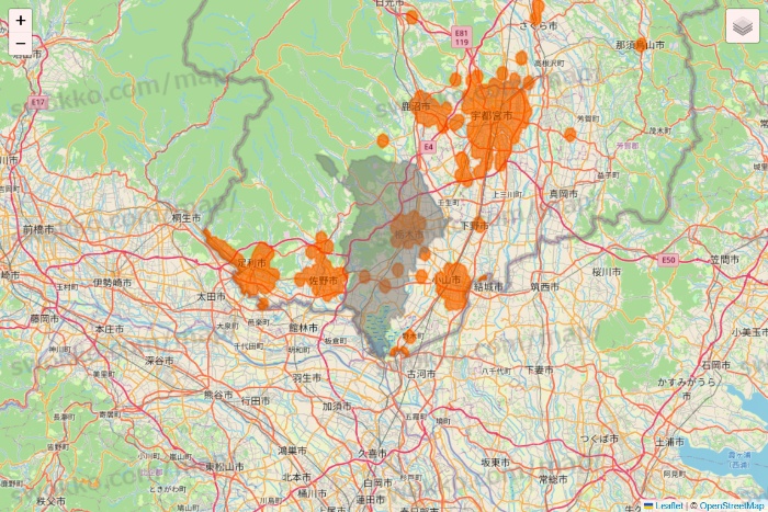 栃木県の7NOW（セブンナウ）のエリア地図