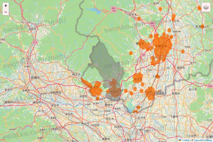 栃木県の7NOW（セブンナウ）のエリア地図