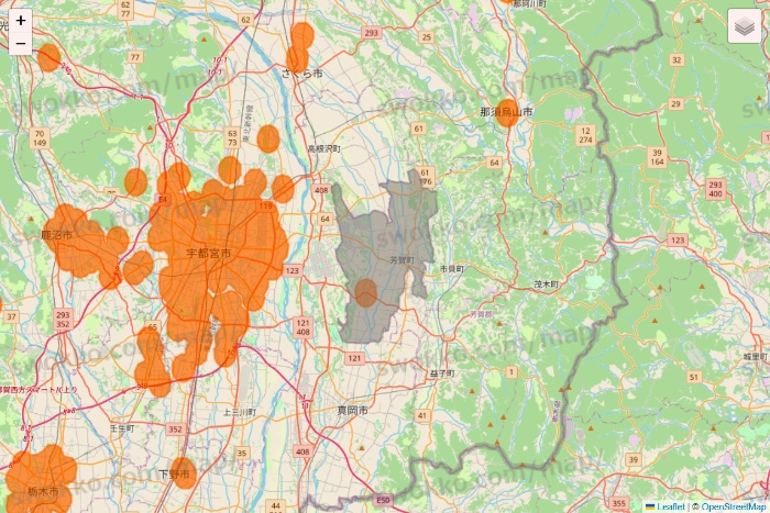 栃木県の7NOW（セブンナウ）のエリア地図