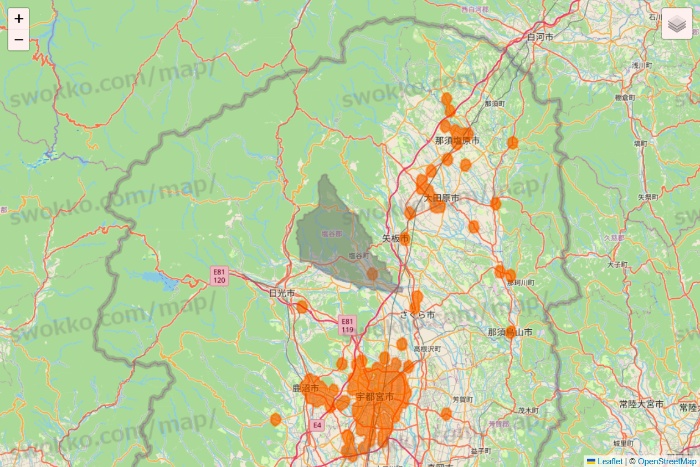 栃木県の7NOW（セブンナウ）のエリア地図