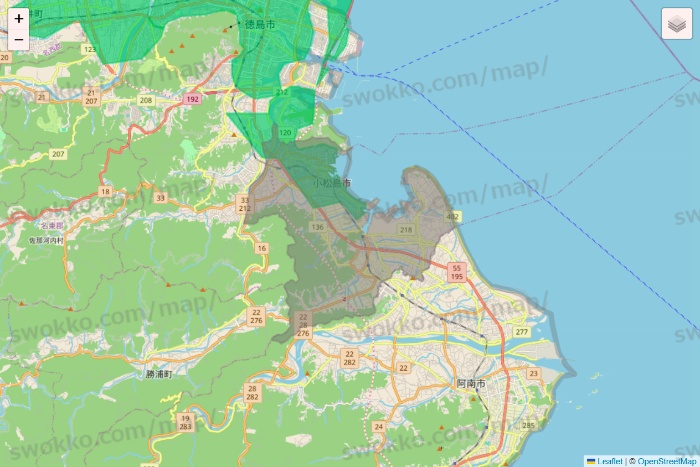 徳島県のUber Eats（ウーバーイーツ）のエリア地図