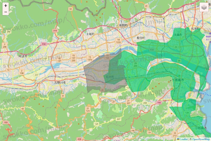 徳島県のUber Eats（ウーバーイーツ）のエリア地図