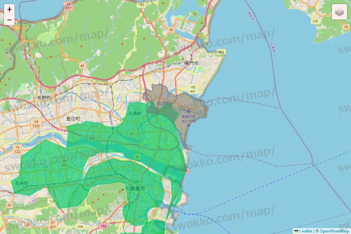 徳島県のUber Eats（ウーバーイーツ）のエリア地図