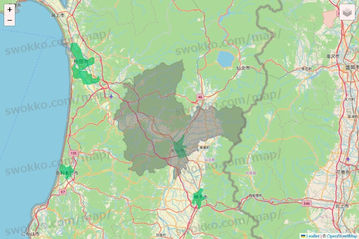 秋田県のUber Eats（ウーバーイーツ）のエリア地図