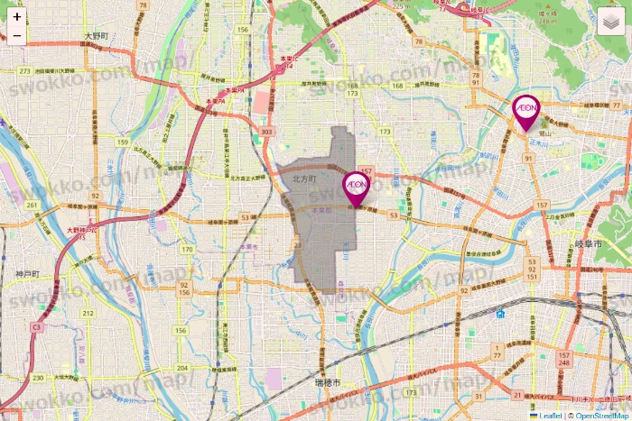 岐阜県のイオンの店舗地図