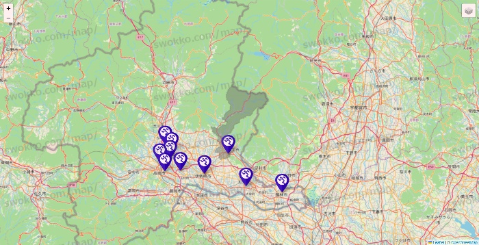 群馬県のエニタイムフィットネスの店舗地図