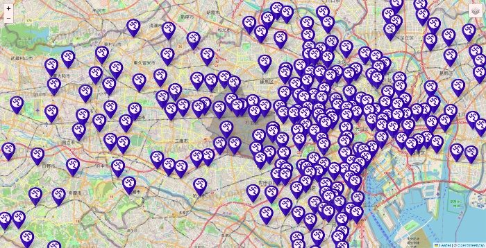 東京都のエニタイムフィットネスの店舗地図