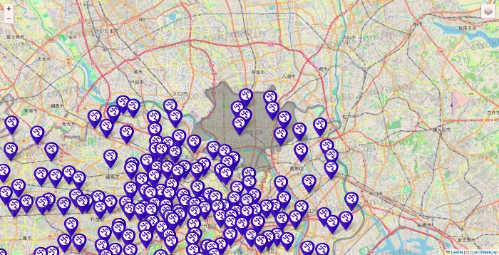 東京都のエニタイムフィットネスの店舗地図