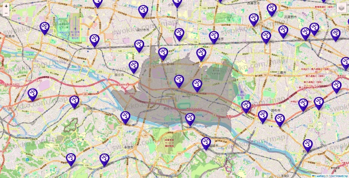 東京都のエニタイムフィットネスの店舗地図