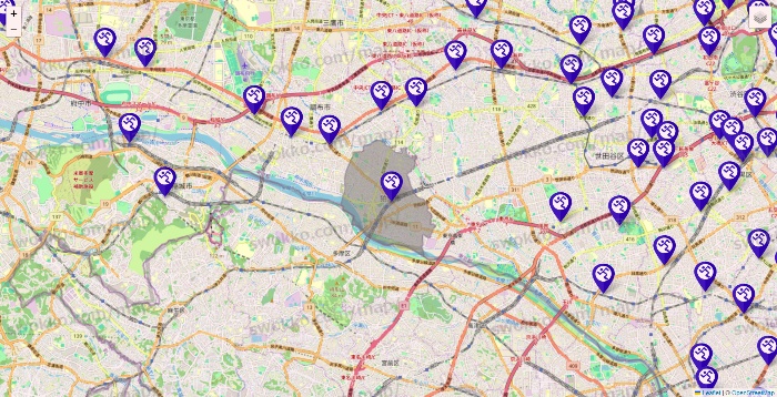 東京都のエニタイムフィットネスの店舗地図