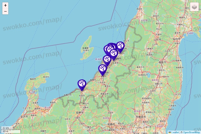 新潟県のエニタイムフィットネスの店舗地図