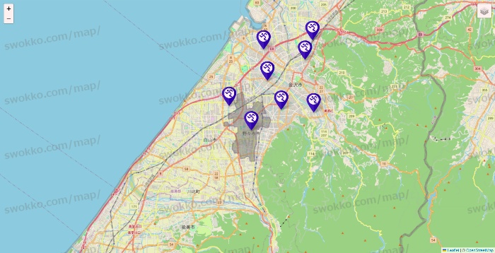石川県のエニタイムフィットネスの店舗地図