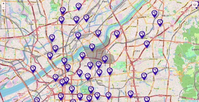 大阪府のエニタイムフィットネスの店舗地図