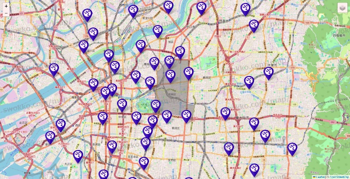 大阪府のエニタイムフィットネスの店舗地図