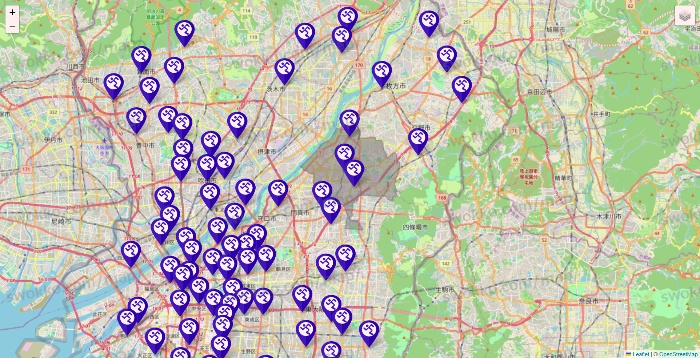 大阪府のエニタイムフィットネスの店舗地図