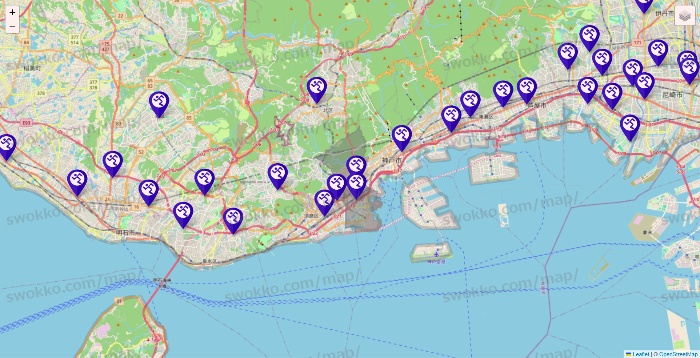兵庫県のエニタイムフィットネスの店舗地図