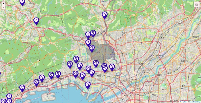 兵庫県のエニタイムフィットネスの店舗地図