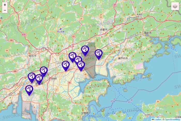 岡山県のエニタイムフィットネスの店舗地図