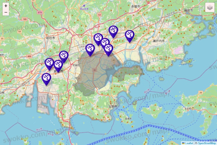 岡山県のエニタイムフィットネスの店舗地図
