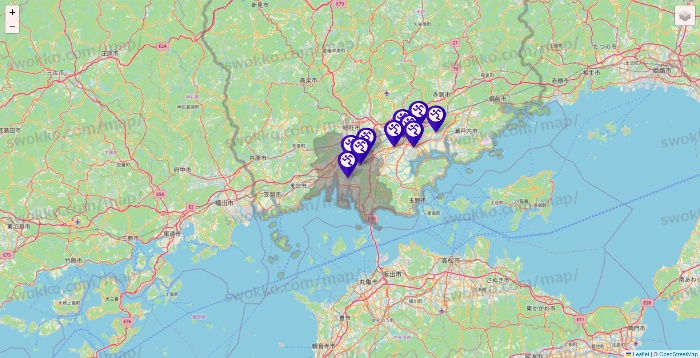 岡山県のエニタイムフィットネスの店舗地図
