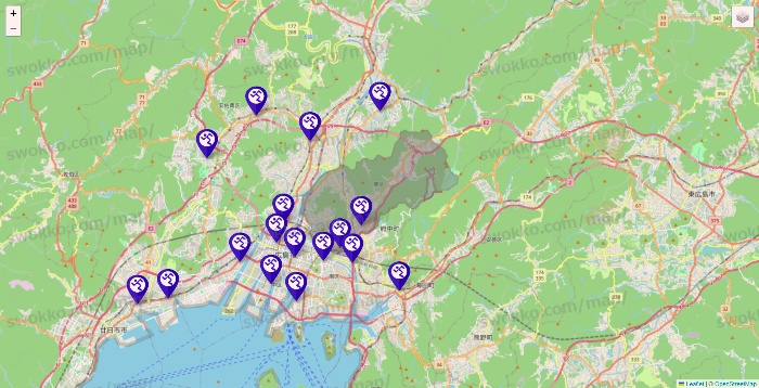 広島県のエニタイムフィットネスの店舗地図