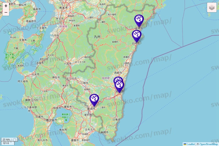 宮崎県のエニタイムフィットネスの店舗地図
