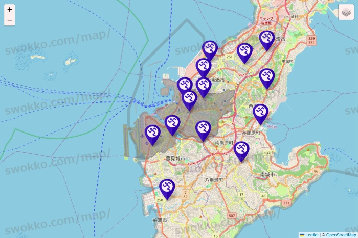 沖縄県のエニタイムフィットネスの店舗地図