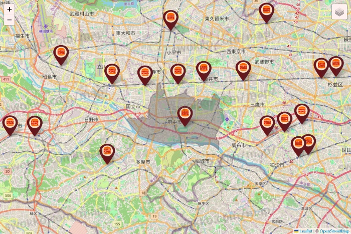 東京都のバーガーキングの店舗地図