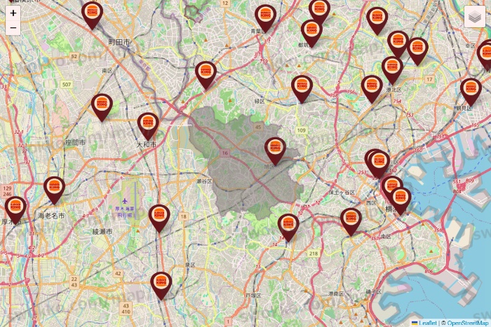 神奈川県のバーガーキングの店舗地図