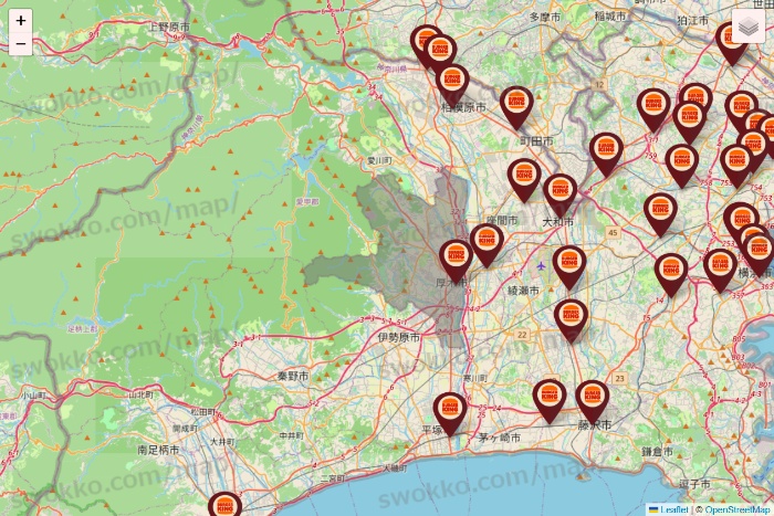 神奈川県のバーガーキングの店舗地図