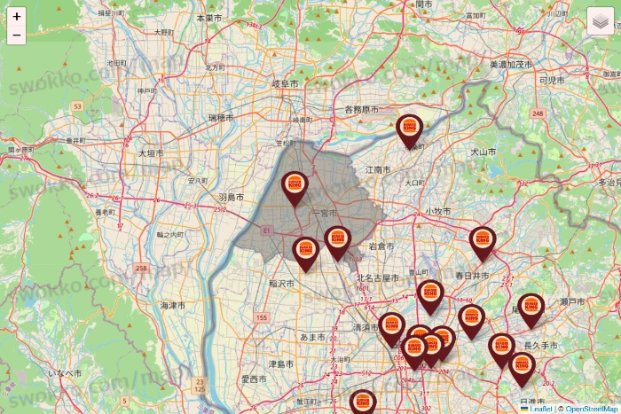 愛知県のバーガーキングの店舗地図
