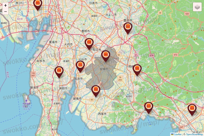 愛知県のバーガーキングの店舗地図