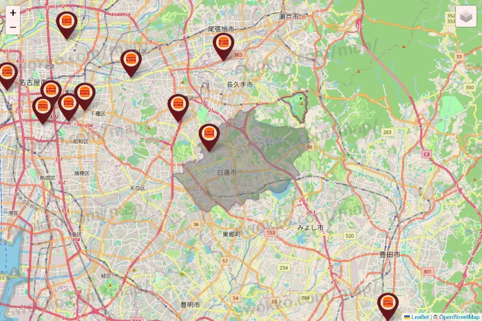 愛知県のバーガーキングの店舗地図