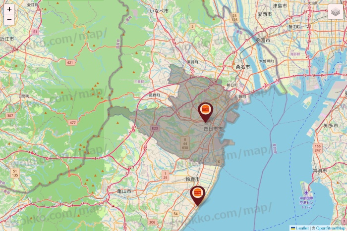 三重県のバーガーキングの店舗地図