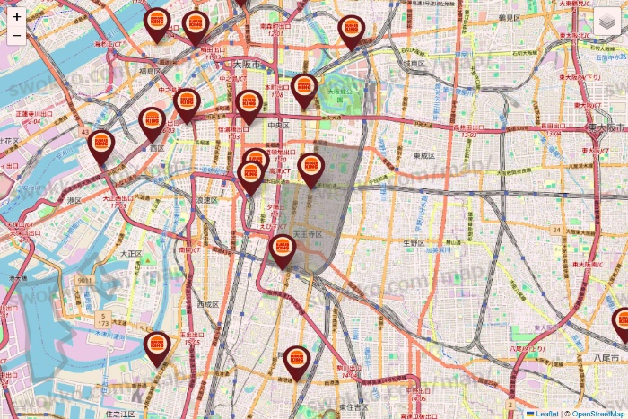 大阪府のバーガーキングの店舗地図