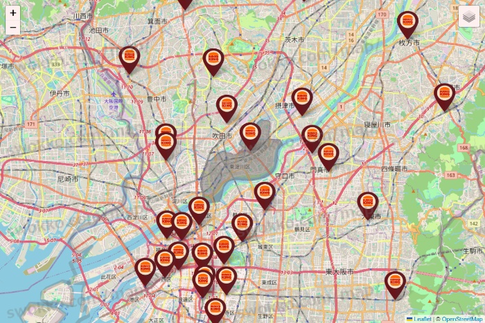 大阪府のバーガーキングの店舗地図